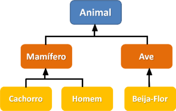 Diagrama de herança em POO usando taxonomia animal como exemplo: no topo, a classe base 'Animal' (azul); no segundo nível, as classes 'Mamífero' e 'Ave' (laranja) herdam de Animal; no terceiro nível, 'Cachorro' e 'Homem' (amarelo) herdam de Mamífero, enquanto 'Beija-Flor' (amarelo) herda de Ave. Setas indicam a relação de herança de baixo para cima.