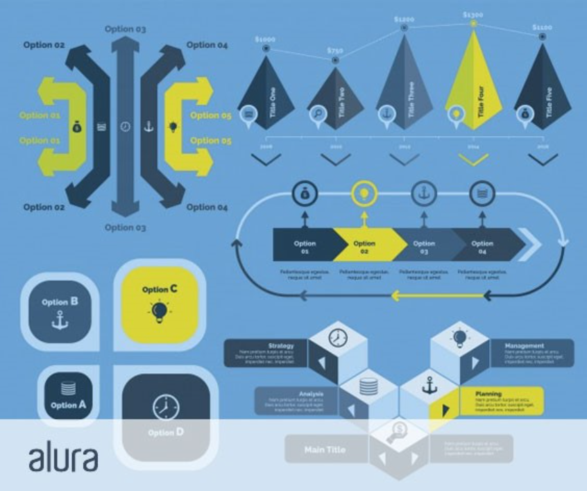 Painel mostrando diversos elementos gráficos para infográficos incluindo fluxogramas (Options 01-05), gráficos de montanha com indicadores de valores, ícones em círculos (âncora, lâmpada, relógio), e diagramas isométricos 3D com texto explicativo 