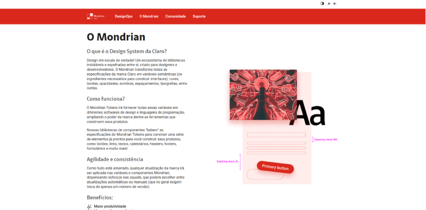 Screenshot da página inicial do Mondrian, design system da Claro. 