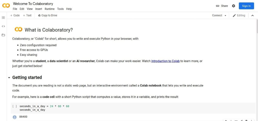 Página inicial do Google Colaboratory: Welcome to Colaboratory. 