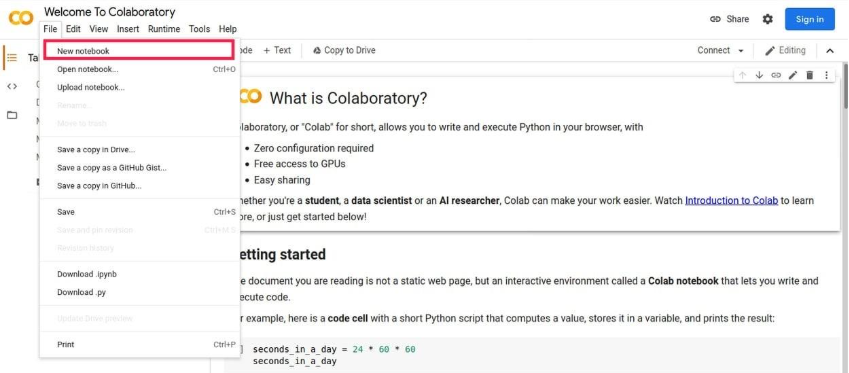 Screenshot mostrando o menu File do Google Colab aberto, com a opção 'New notebook' destacada em vermelho na parte superior da lista de opções 