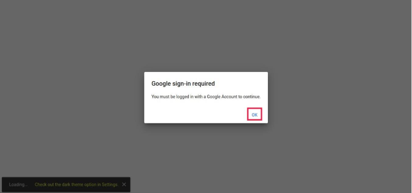 Pop-up modal do Google Colab com o texto 'Google sign-in required' e mensagem informando que é necessário estar logado em uma conta Google, com botão 'OK' destacado em vermelho 
