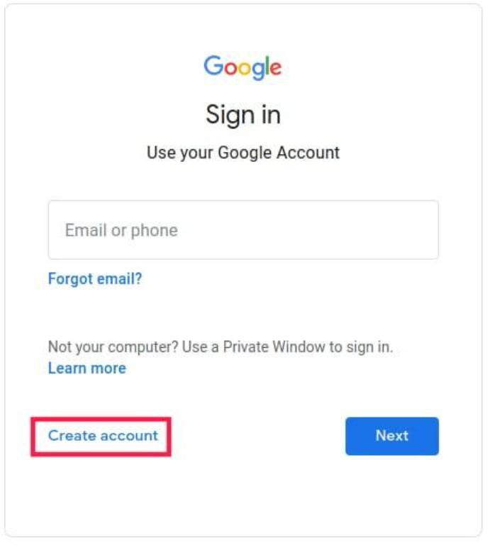Tela de login do Google com logo colorido, campo 'Email or phone', links 'Forgot email?' e 'Create account' destacado em vermelho, e botão azul 'Next'  