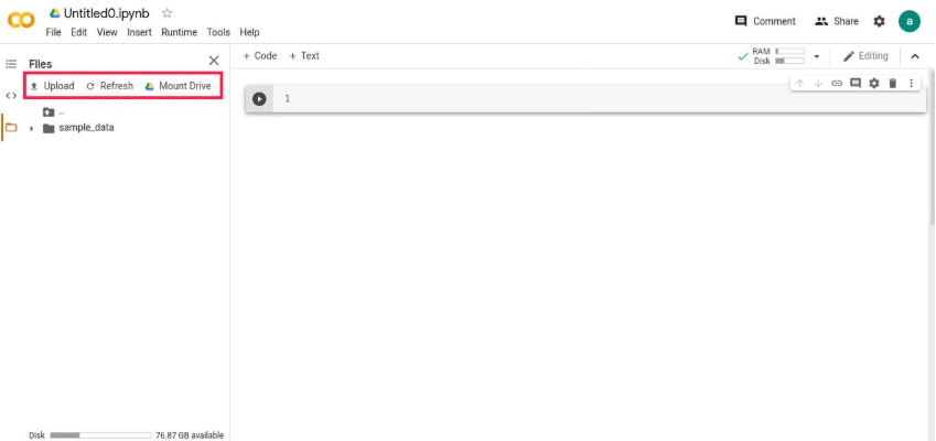 Estrutura dos diretórios dentro do Google Colab, onde é possível conectar sua base de dados. 