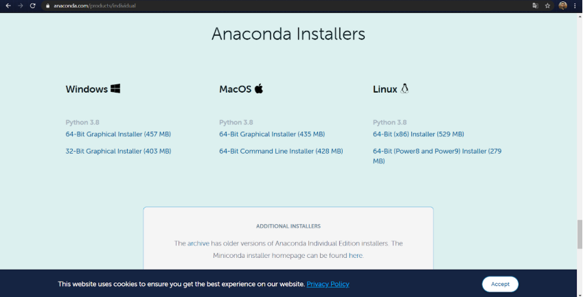 Página de download do Anaconda mostrando as opções Windows, MacOs e Linux 