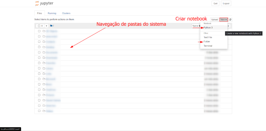 Página de navegação do Jupyter Notebook mostrando as pastas do sistema. No canto superior direito há a opção de criação de notebook 