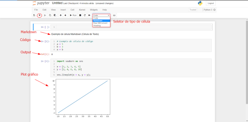 Página principal do Jupyter Notebook, com tipos de célula e exemplos 