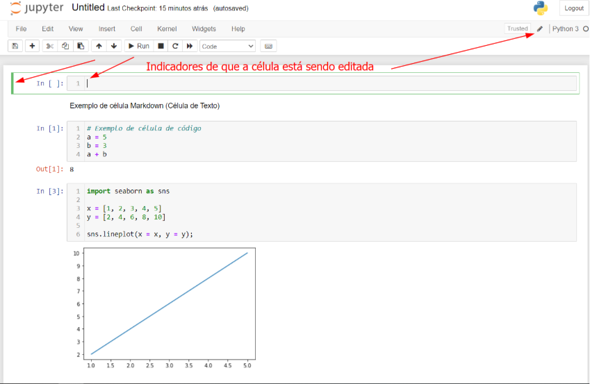 Célula do Jupyter Notebook sendo editada, edição multilinha nos leitores de tela 