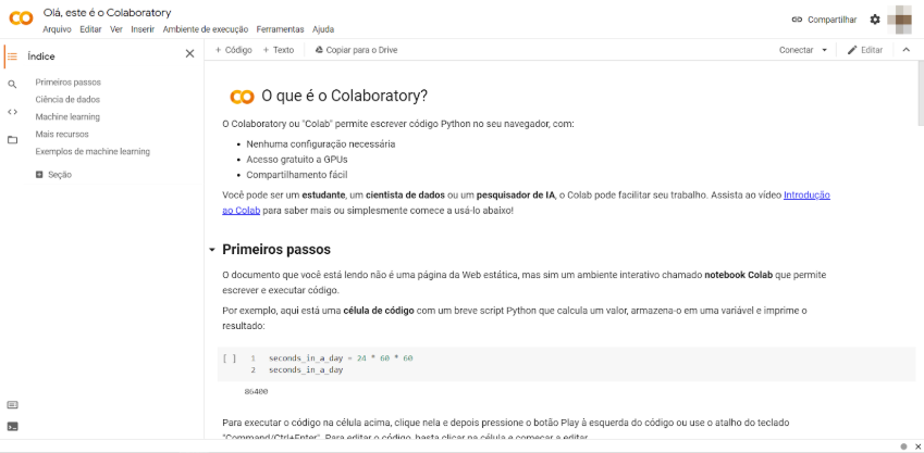 Página inicial do Google Colab com tutorial 
