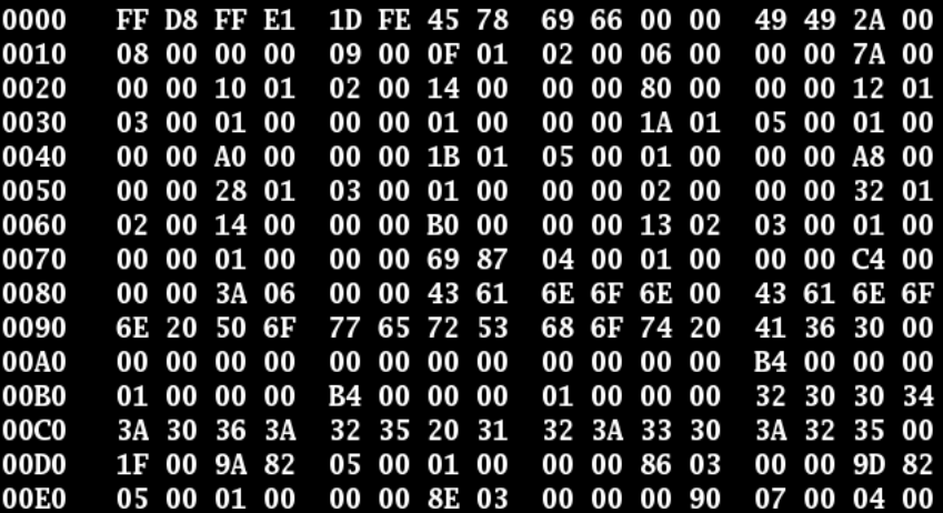 Na imagem vemos uma tela com códigos hexadecimais divididos em 4 colunas, cada uma com um grupo de 8 caracteres.