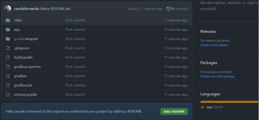 Screenshot da interface do GitHub mostrando o repositório GlicoCare2 sem arquivo README, exibindo estrutura de diretórios de projeto Android com 100% de código Java. 