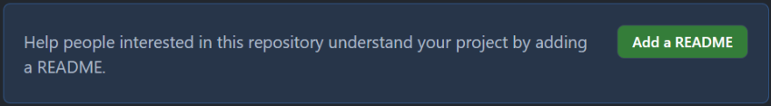 Banner de sugestão do GitHub com fundo azul claro contendo a mensagem 'Help people interested in this repository understand your project by adding a README' e botão verde com texto 'Add a README'.  