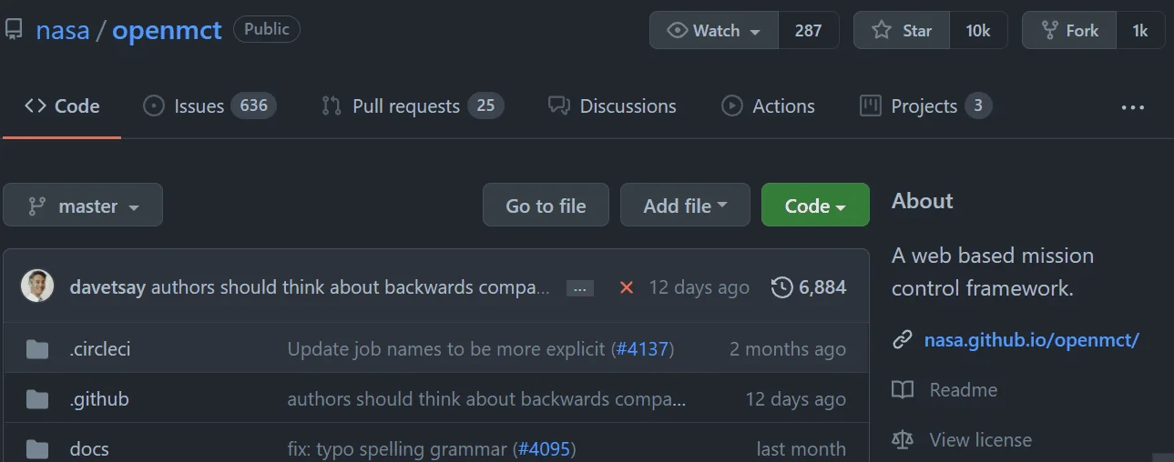 Gif scrollando o repositório Open MCT no GitHub, onde é possível notar os diretórios do projeto e um README bastante detalhado, com badges, descrição do projeto com imagem, testes, glossário, documentação, como abrir e rodar o projeto. 