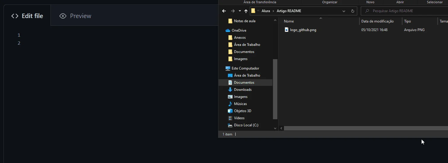 Gif demonstrativo do processo de adicionar imagem ao README no GitHub: usuário arrasta arquivo 'logo_github.png' do Windows Explorer para editor Markdown, GitHub gera automaticamente código com link hospedado, usuário edita texto alternativo para 'Uma descrição da imagem aqui' e visualiza resultado na aba Preview mostrando a logo do GitHub renderizada. 