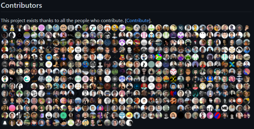 Parte do README do repositório Docusaurus, onde é possível notar os contribuidores, ao todo são 460 usuários com suas fotos em formato de círculo. 