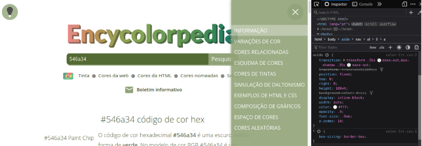 Recorte de uma imagem do site encycolorpedia.com.br que mostra o css relativo à página através do inspecionar elemento e o valor de z-index utilizado para o menu lateral 