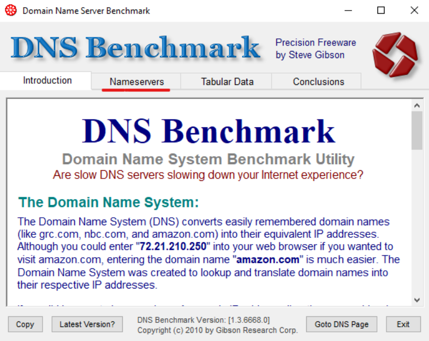 Tela inicial do DNS Benchmark mostrando a aba 'Nameservers' selecionada, com instruções sobre o Domain Name System e um exemplo de endereço IP (72.21.210.250). Interface inclui abas para Introduction, Nameservers, Tabular Data e Conclusions, além de botões Copy, Latest Version, Goto DNS Page e Exit 