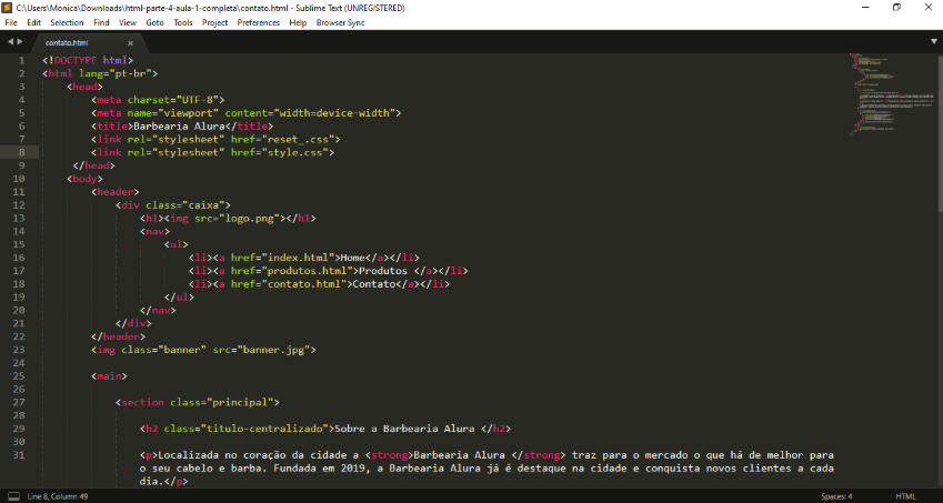 Tela do Sublime Text com trechos de código HTML. 