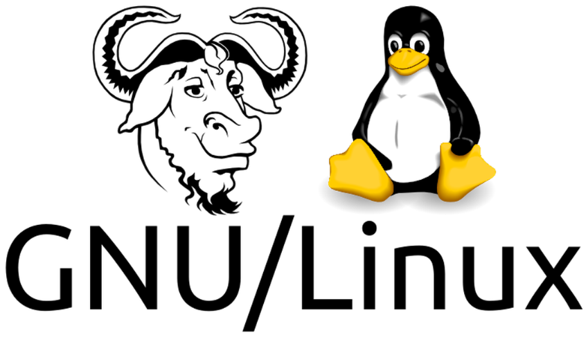 Ambas as logos dos sistema GNU e Linux lado a lado com os dizeres “GNU/Linux” logo abaixo. A logo do GNU é uma caricatura animal selvagem africano chamado GNU e a logo do Linux é um pinguim sentado 