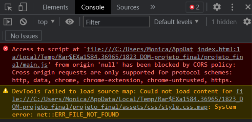 Console do navegador exibindo o erro Access to script at 'file:///C:/Users/Monica/AppData/Local/Temp/Rar$EXa1584.36965/1823_DOM-projeto_final/projeto_final/main.js' from origin 'null' has been blocked by CORS policy: Cross origin requests are only supported for protocol schemes: http, data, chrome, chrome-extension, chrome-untrusted, https. 