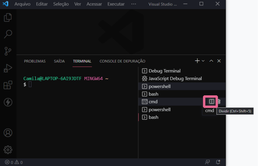 A imagem mostra o editor de código VS Code, em fundo preto,  e o terminal integrado aberto. O terminal tem um formato de um retângulo e ao seu lado direito há uma seção que mostra outras opções de terminais respectivamente: “debug terminal, JavaScript Debug Terminal, powershell, bash, cmd, powershell, bash” e uma caixa rosa demarcando o botão de dividir terminal, que tem o formato de um quadrado com uma faixa no meio. 