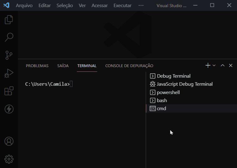 A animação mostra o editor de código VS Code, em fundo preto, e o cursor clicando no ícone em formato de cruz (sinalizando um sinal de “mais”) que fica no canto superior direito do menu do terminal. Após isso é aberto um novo terminal. 