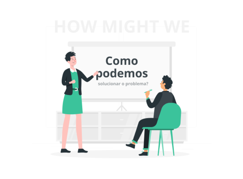 Ilustração de duas pessoas em uma sessão de trabalho, analisando um quadro com a frase 'Como podemos solucionar o problema?', representando a técnica How Might We na etapa de definição do problema. 