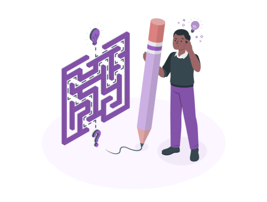Ilustração de uma pessoa pensando e traçando um caminho através de um labirinto com um lápis, representando o processo de resolução de problemas até chegar à solução (lâmpada de ideia). 