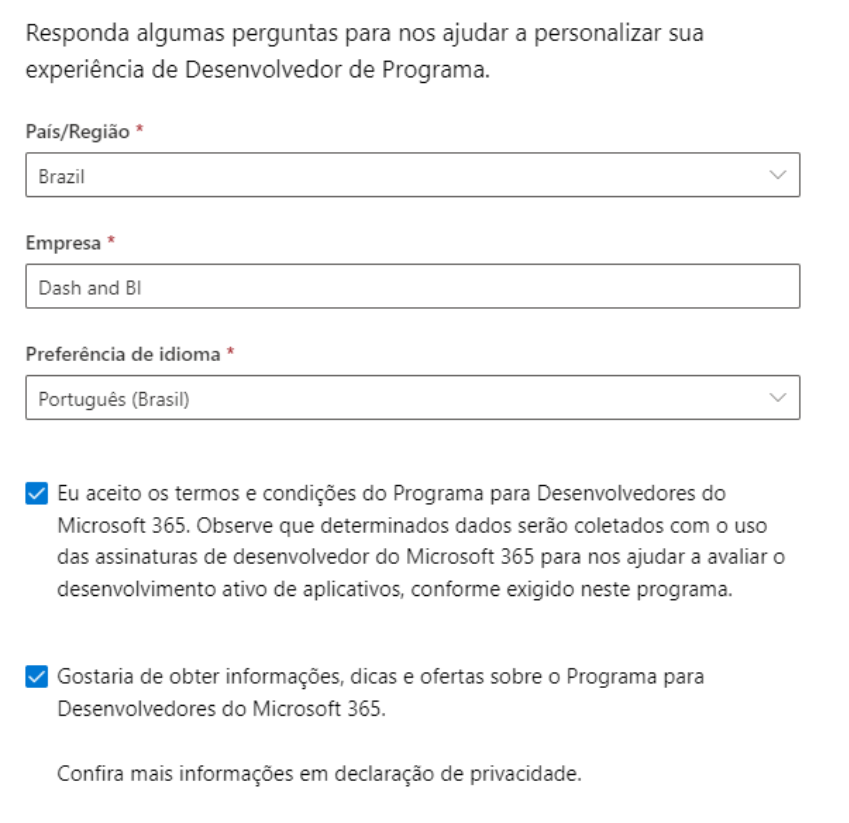 Janela de cadastro apresentando os campos de inserção do País/Região, Empresa e Preferência de idioma. Além disso, possui duas caixas de seleção, sendo a primeira para aceitação dos termos do programa de desenvolvedor e a segunda sobre receber novidades por e-mails respectivamente.