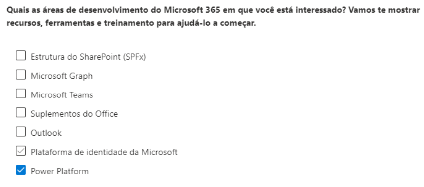 Print da etapa de seleção sobre área de desenvolvimento. Nela, encontra-se selecionada a opção Power Platform.