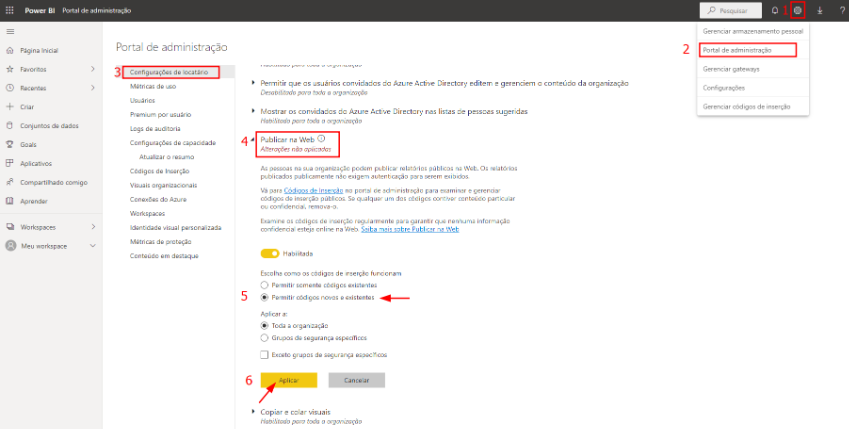 Print da tela do serviço do Power BI, ilustrando o passo a passo para habilitar a criação de novos códigos de inserção.