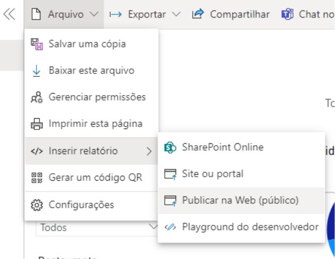 Print do site do serviço do Power BI, demonstrando o caminho para chegar na opção Publicar na Web através do dashboard criado.