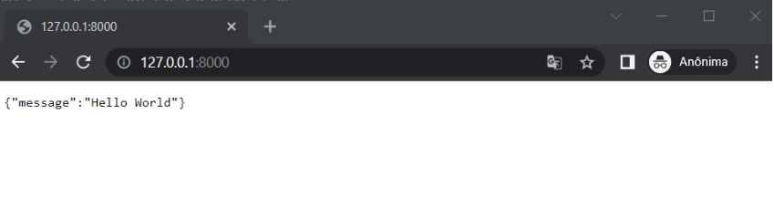 Aba do navegador Chrome mostrando o retorno em servidor local com a mensagem {“message”: “Hello World”} no formato JSON. 