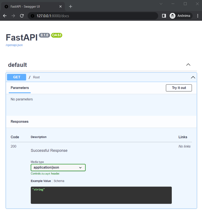 Screenshot do Swagger UI em 127.0.0.1:8000/docs mostrando a interface de documentação interativa do FastAPI com o endpoint GET na rota raiz, exibindo o código de status 200 e a resposta em formato JSON 