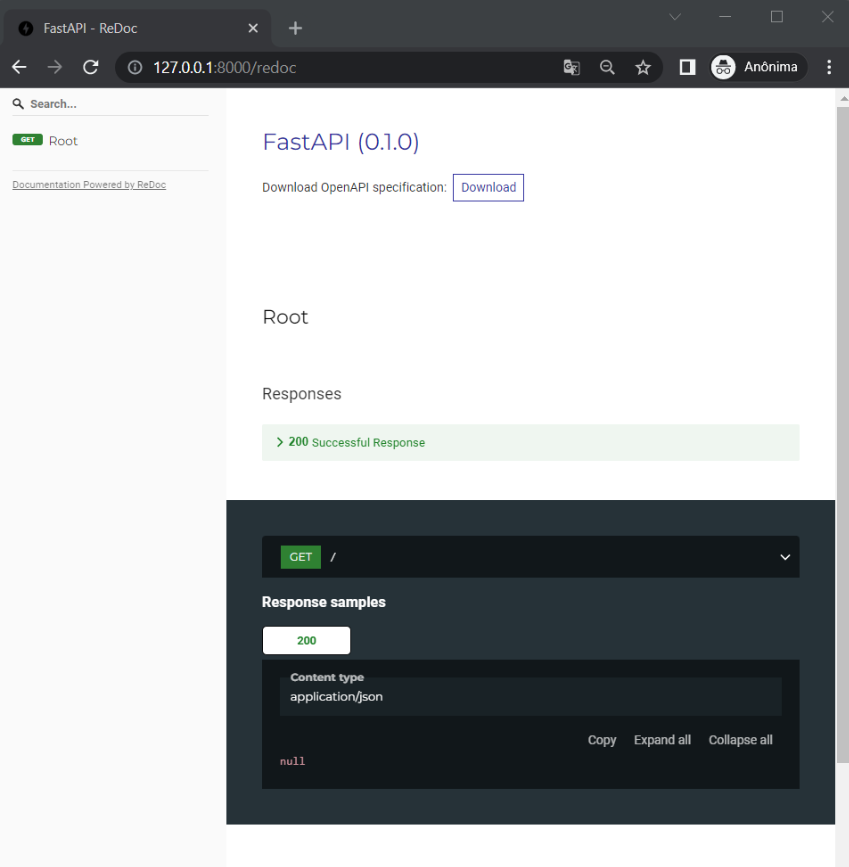 Screenshot da interface ReDoc em 127.0.0.1:8000/redoc exibindo a documentação alternativa do FastAPI com layout de três painéis, mostrando o endpoint GET na rota raiz com resposta código 200 em formato JSON. 