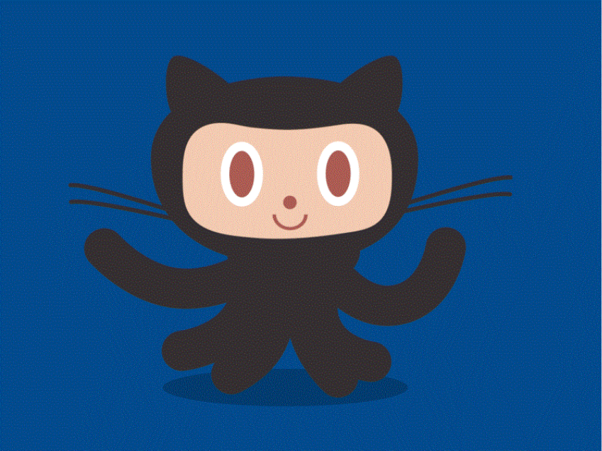 Octocat, mascote do GitHub, animado em fundo azul.