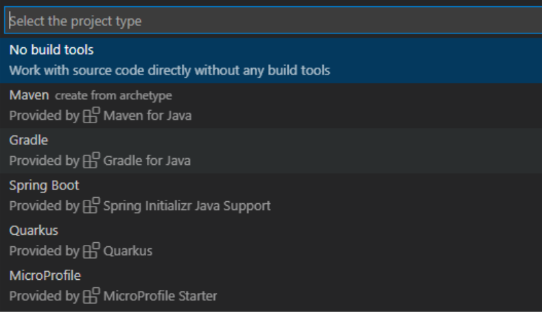 alt text: Imagem com fundo preto, mostrando algumas opções sugeridas para a criação de projetos utilizando Java, sem ferramentas de build, com ferramentas de build ou utilizando algum framework. 