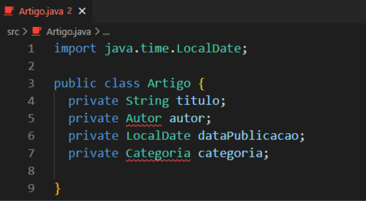 alt text: Imagem com fundo preto, mostrando a estrutura da classe Autor, com alguns tipos desconhecidos, como Autor e Categoria, sublinhados em vermelho. 