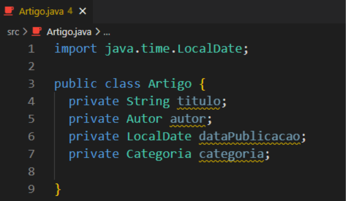 alt text: Imagem com fundo preto, mostrando a classe Artigo com todos os atributos sublinhados em amarelo, pois seus valores ainda não foram usados. 