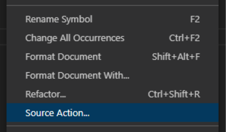 alt text: Imagem com fundo preto, mostrando o menu que é exibido ao clicar com o botão direito na janela onde selecionamos a opção Source Action. 