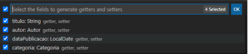 alt text: Imagem com fundo preto, com todos os atributos da classe Autor disponíveis para serem marcados para geração dos getters e setters. 