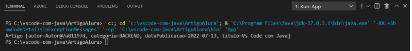 alt text: Imagem com fundo preto, mostrando os dados do objeto nomeado como artigo sendo impresso no terminal. 