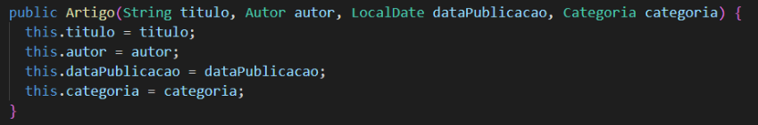 alt text: Imagem com fundo preto, mostrando a implementação do construtor para a classe Artigo, incluindo todos os atributos. 