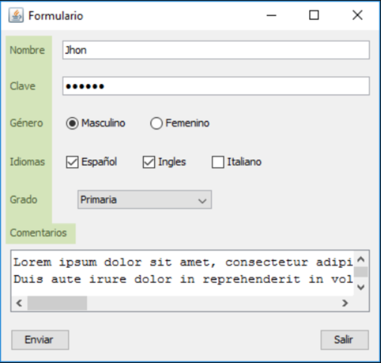 Caixa de texto (JTextField, JPasswordField e JTextArea). 