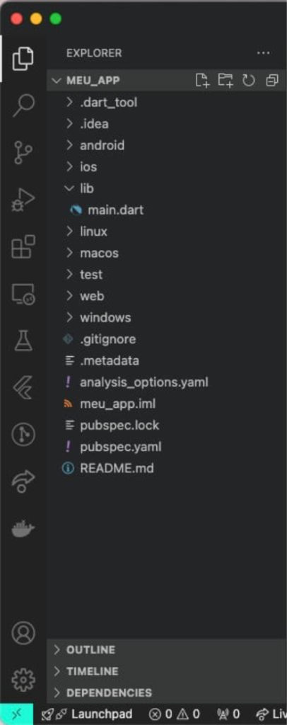 Imagem que mostra a estrutura de arquivos no Flutter na interface do Visual Studio, além de botões e opções de configurações adicionais