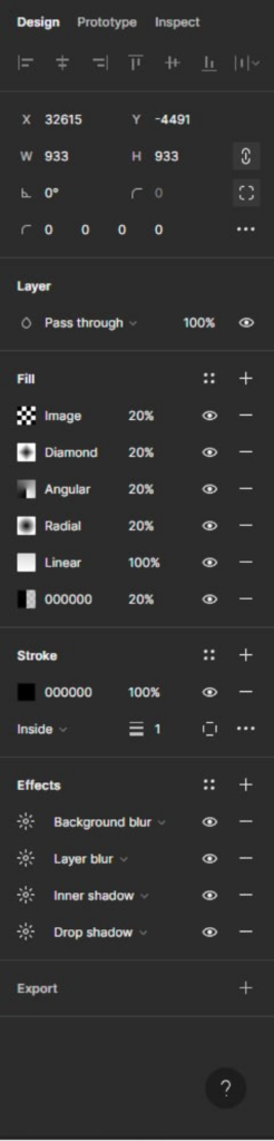 Print da área de design do Figma, mostrando as seções de Posição, Layer, Fill, Stroke, Effects e Export. 