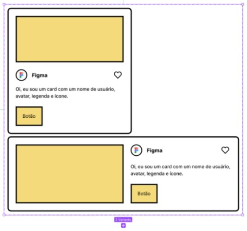 Print de um componente de card, composto por um espaço para imagem, ícone, título, descrição e um botão de ação. Nele, há duas variantes, sendo que a primeira é um Card vertical, e a segunda um Card horizontal. 