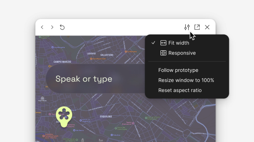Interface de configurações do protótipo no Figma mostrando opções de visualização responsiva, incluindo 'Fit width' e 'Responsive' 