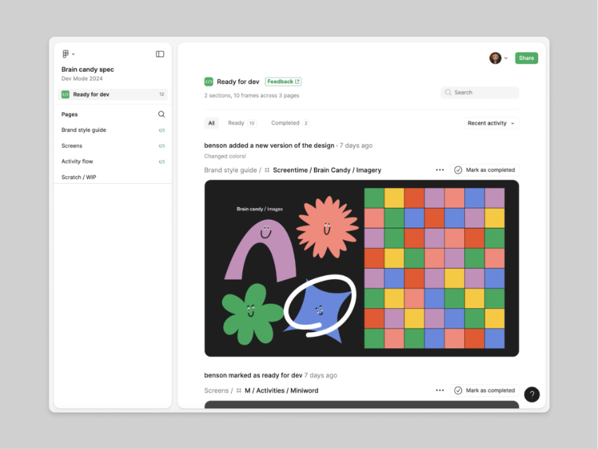 Interface do Dev Mode no Figma mostrando a visualização 'Ready for dev' com lista de designs marcados como prontos para desenvolvimento, incluindo status e informações de atualização 
