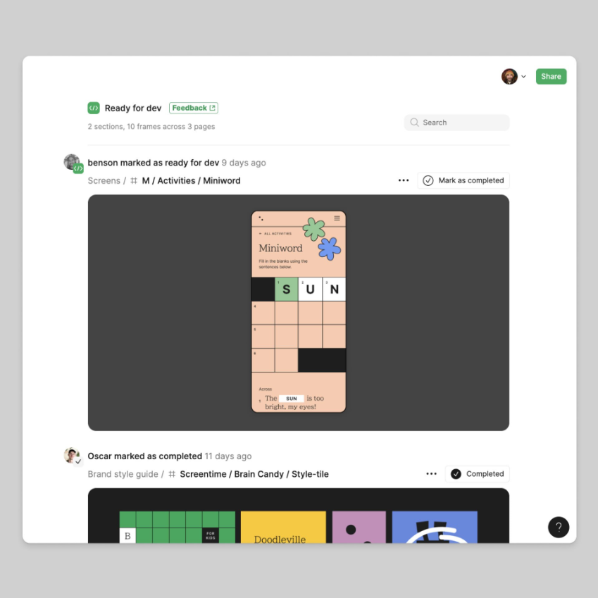 Print da tela do Dev Mode com destaque à funcionalidade “Ready for dev”. e às telas que têm que serem feitas. 